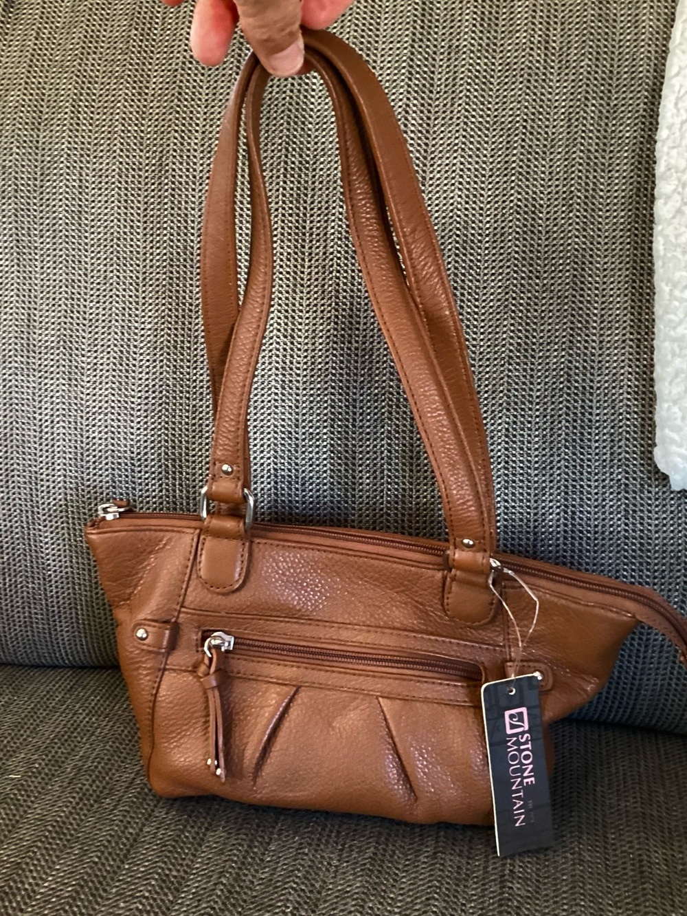 Stone Mountain MIDI Leather Shoulder Bag, Pebbled Brown Leather Silver Hardware